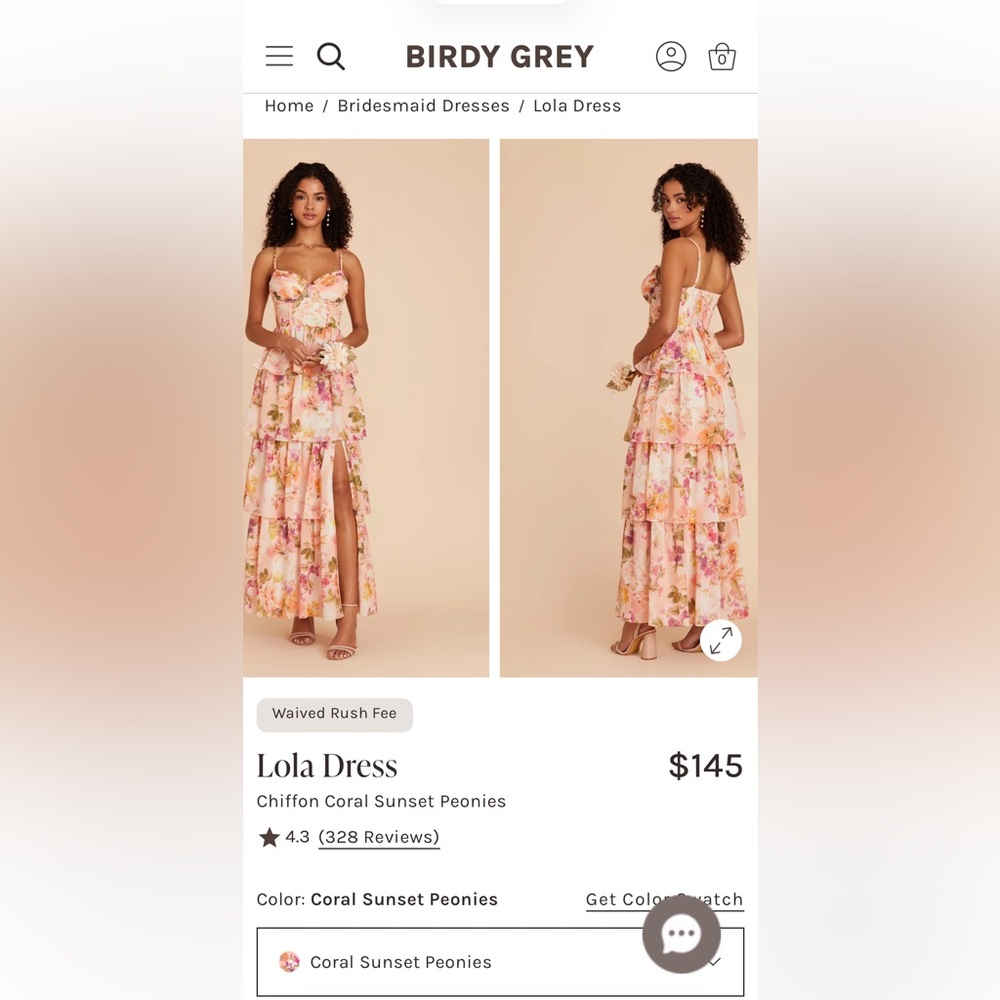 Birdy Grey Lola Dress Chiffon Coral Sunset Peonies Maxi Dress